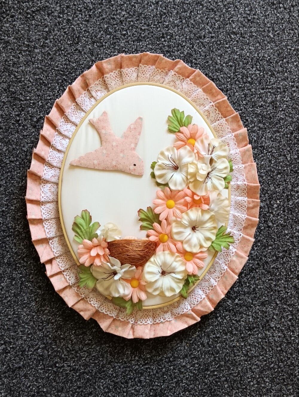 Coquette Vintage Cottage Quilted Hoop Wall Hanging Whimsy Pink Bird Nest Decor - Picture 4 of 16